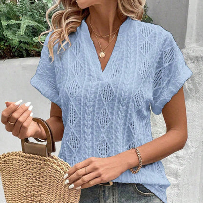 Women's V-Neck Jacquard Short Sleeve Loose Shirt