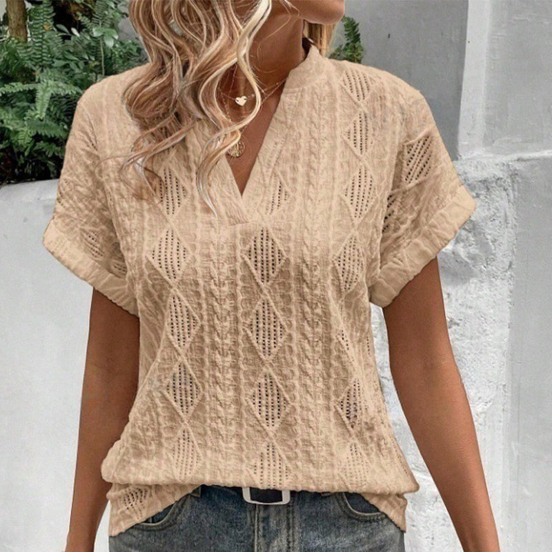 Women's V-Neck Jacquard Short Sleeve Loose Shirt