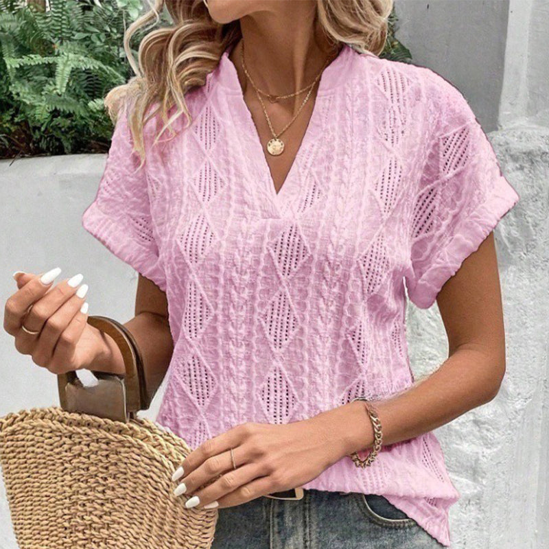 Women's V-Neck Jacquard Short Sleeve Loose Shirt