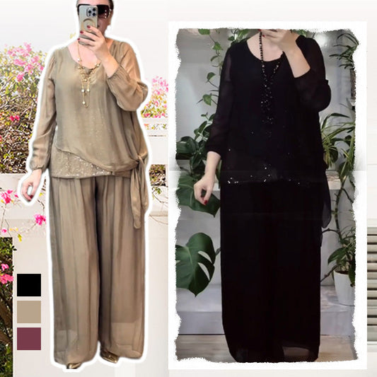 Women’s 2-Piece Sequin Blouse & Wide Leg Pants Set