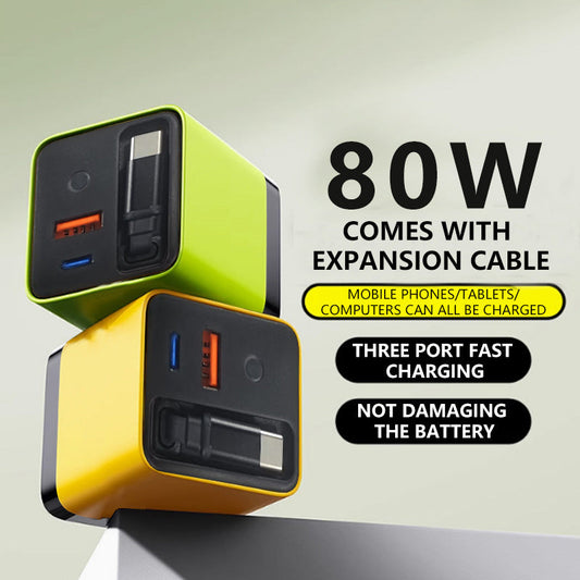 80W Fast Charging Phone Charger Block with Retractable 80cm Type-C Cable