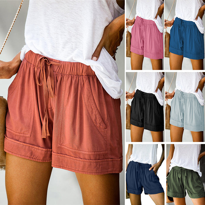 Solid High Waisted Strappy Loose Wide Summer Shorts